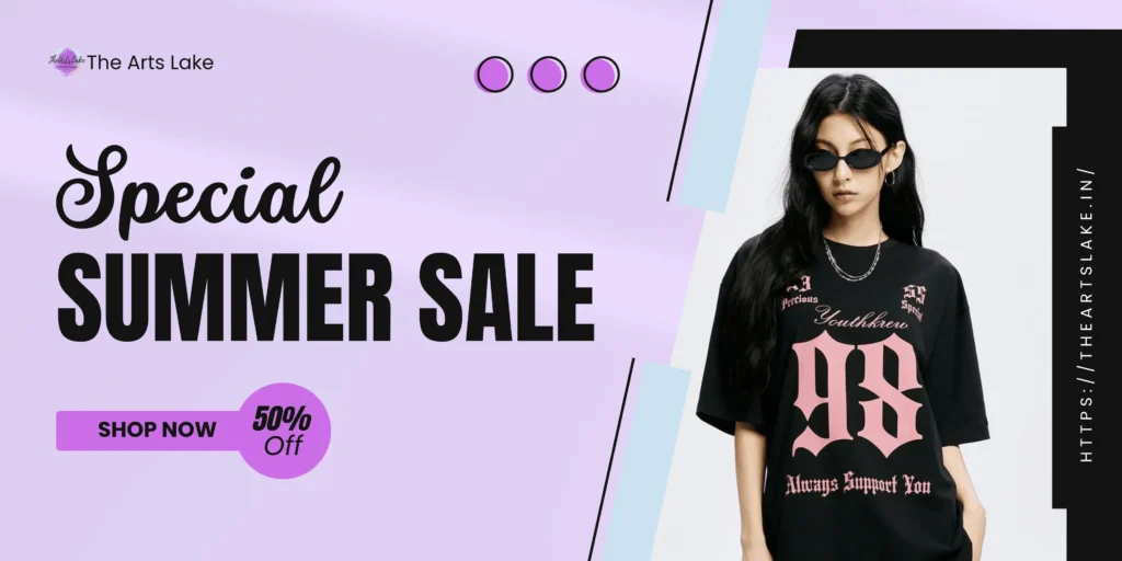 The Arts Lake summer sale banner with model in a black oversized graphic shirt.