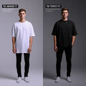 A split-screen image comparing a man in a sloppy, ill-fitting shirt on the left to a man in a premium, well-structured oversized t shirt men on the right.