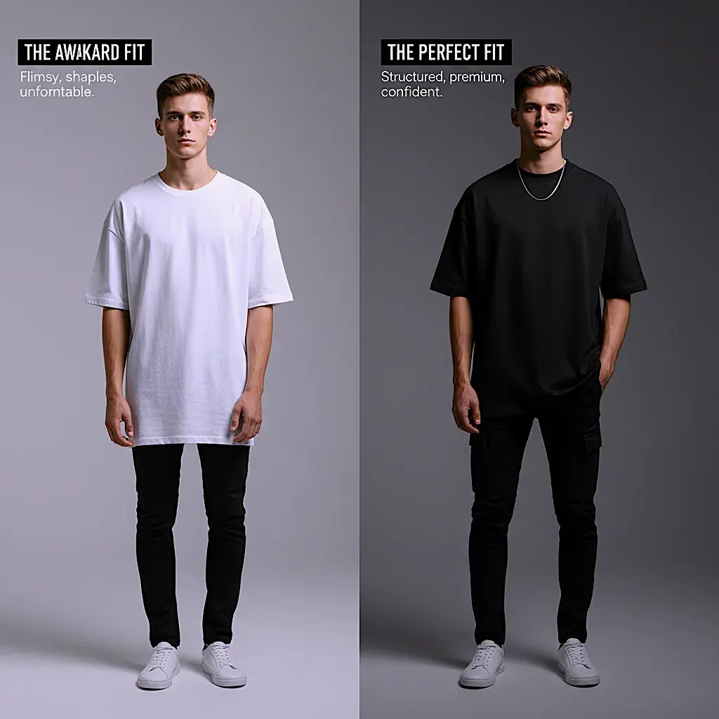 A split-screen image comparing a man in a sloppy, ill-fitting shirt on the left to a man in a premium, well-structured oversized t shirt men on the right.