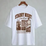 Starry Night vintage oversized t shirts hanging on a wooden hanger.
