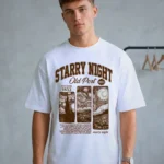 Male model wearing the Starry Night oversized vintage tees in a studio.
