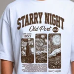 Close up of the high quality print on the Starry Night vintage t shirts oversized.