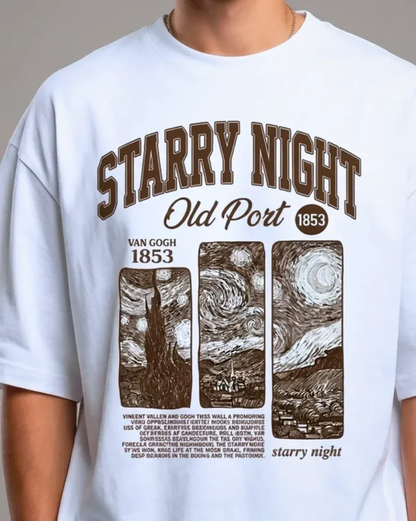 Close up of the high quality print on the Starry Night vintage t shirts oversized.
