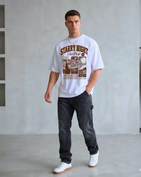 Full body street style look with the Starry Night vintage t shirts oversized.